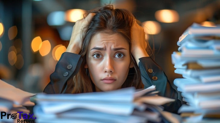 Business owner overwhelmed by tax paperwork.