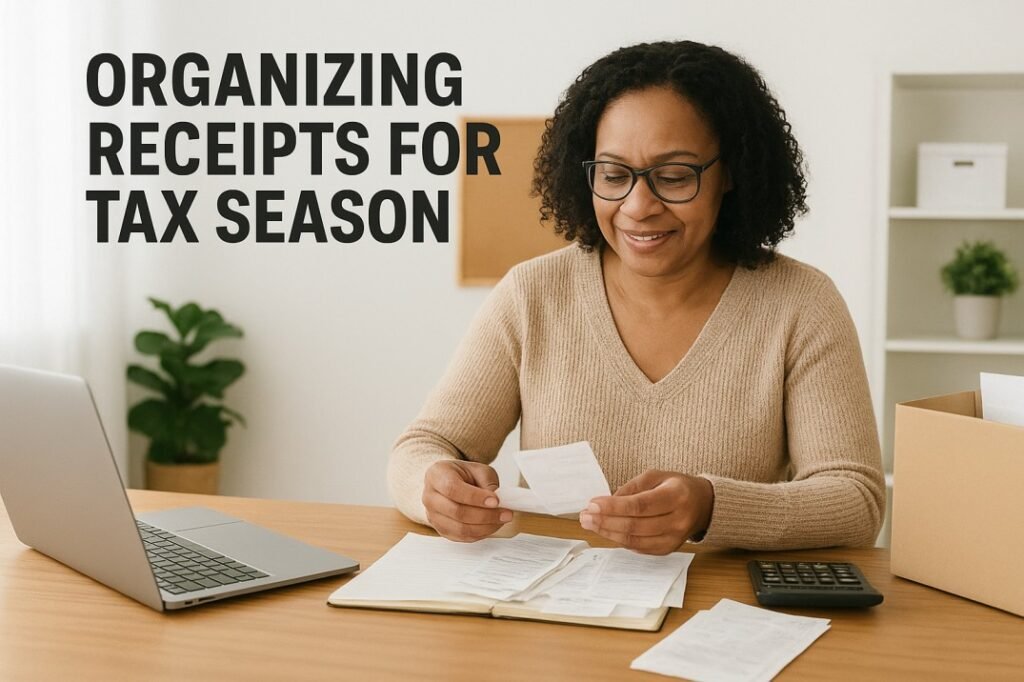 Small business owner organizing receipts for tax season