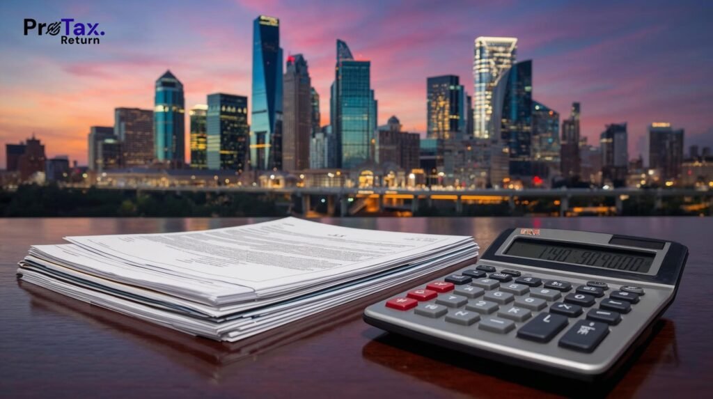 Houston skyline with tax documents and calculator in foreground]