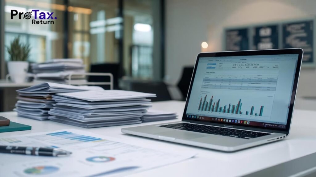 Organized financial documents, laptop with bookkeeping software, Houston business office setting