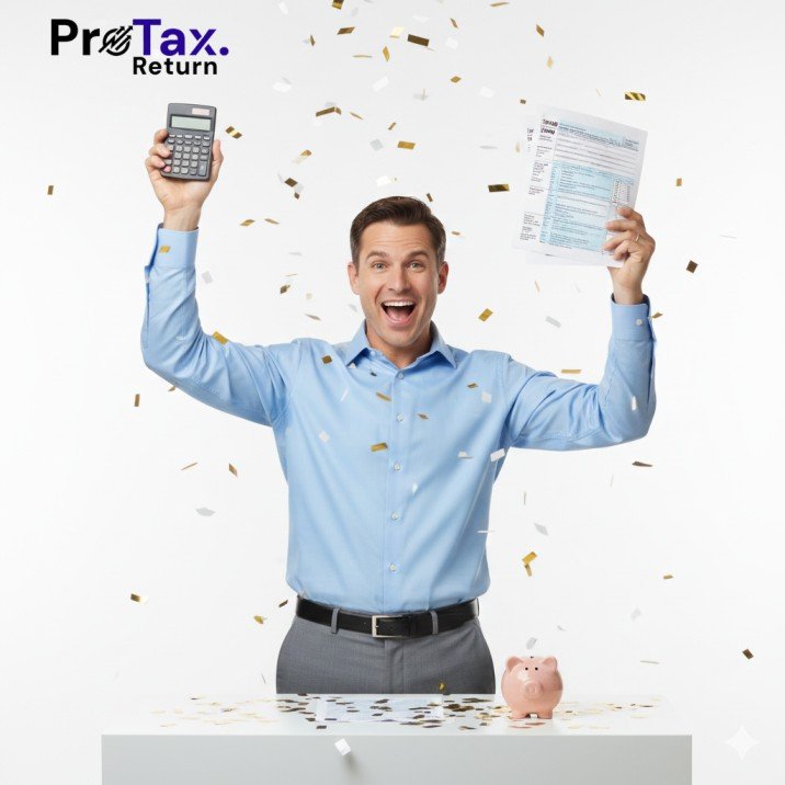 Person celebrating with tax documents and calculator