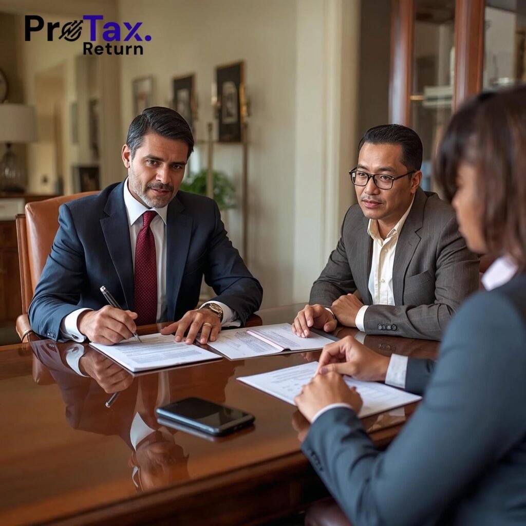 Professional tax advisor meeting with Houston family reviewing documents