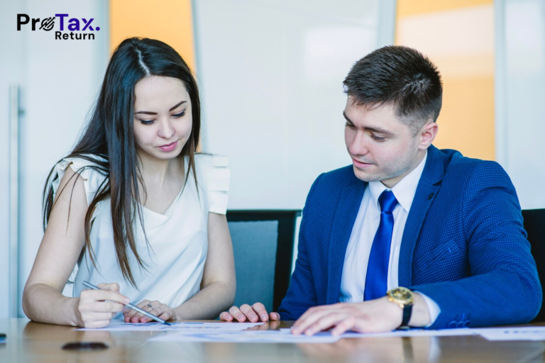 Professional tax consultant helping client with tax return preparation