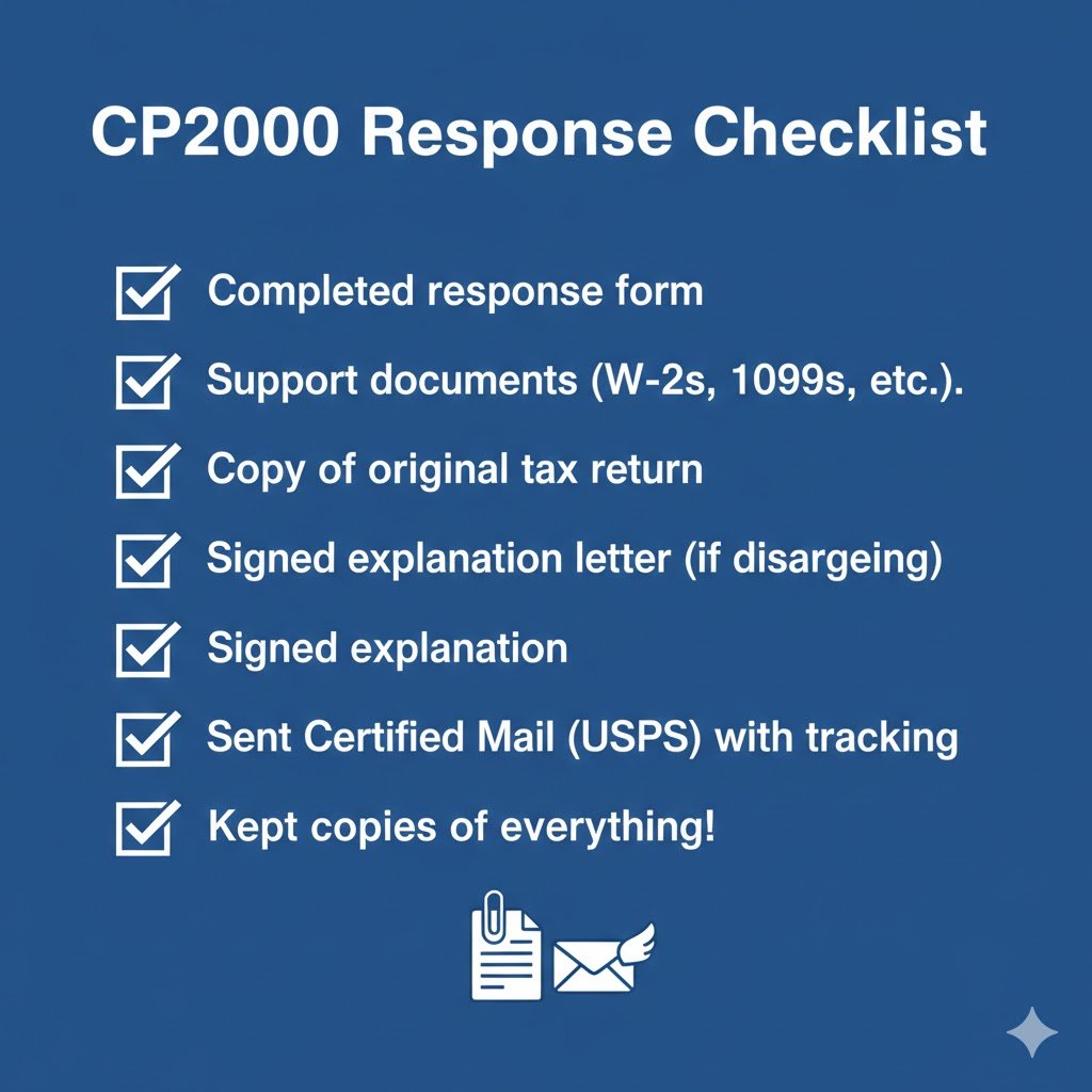 Checklist graphic - "CP2000 Response Checklist" with checkboxes for: Completed response form, Support documents, Copy of original return, Signed letter, Sent certified mail, Kept copies