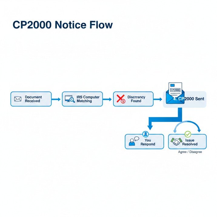 Infographic showing "CP2000 Notice Flow" - Document received → IRS computer matching → Discrepancy found → CP2000 sent → You respond → Issue resolved
